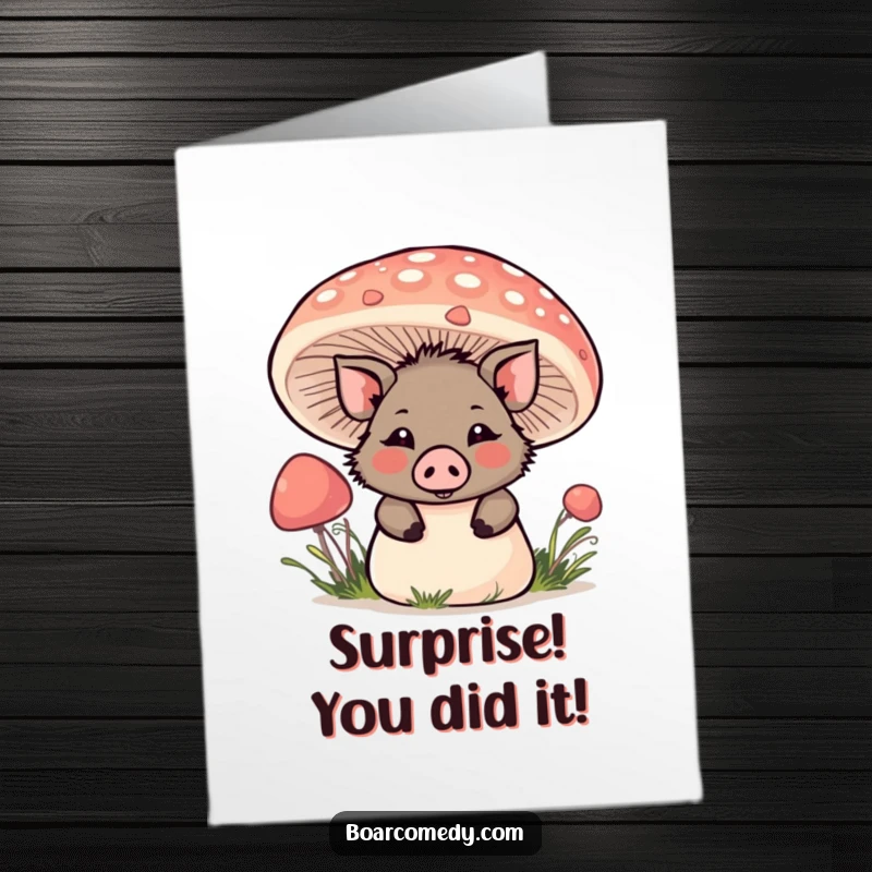 Funny Free Printable Kawaii Boar peeking mischievously from behind a giant mushroom, conveying congratulations.