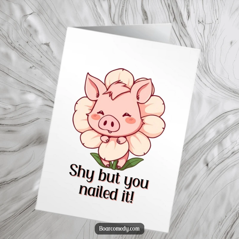 Funny Free Printable Congratulations Card: A shy boar with rosy cheeks peeks from behind a big flower, smiling softly.
