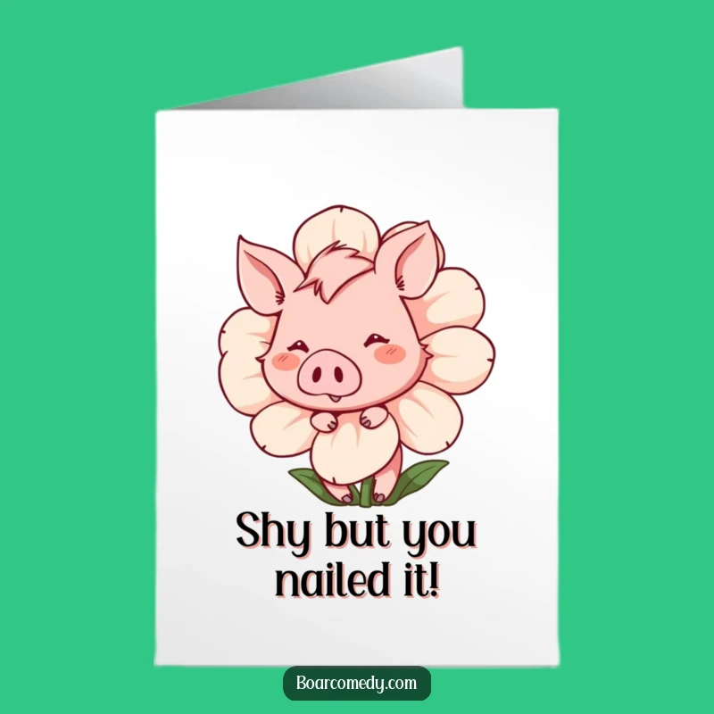 Free Printable Shy Boar Congrats Card: Flower Hideaway, Perfect Downloadable Gift