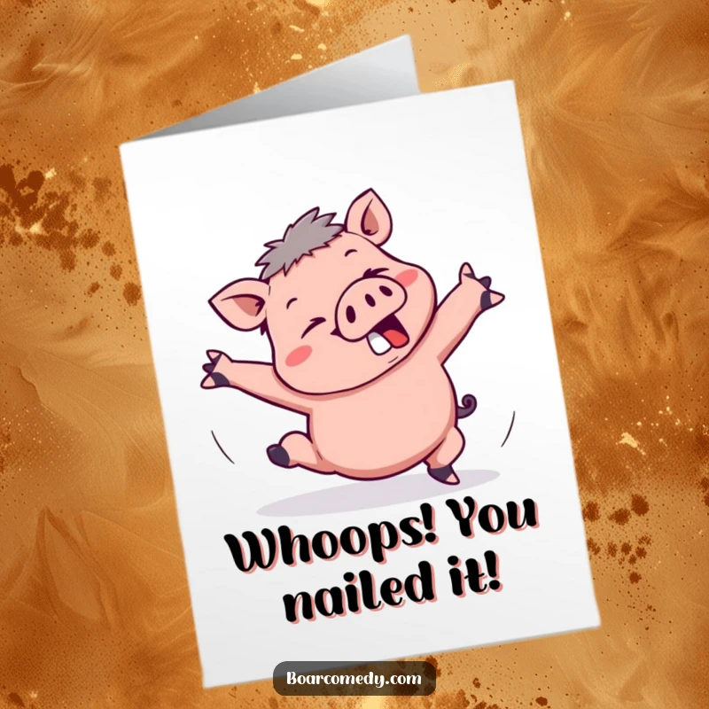 Funny Free Printable Kawaii Boar comically tripping and flailing its arms, captured mid-fall for congratulations.