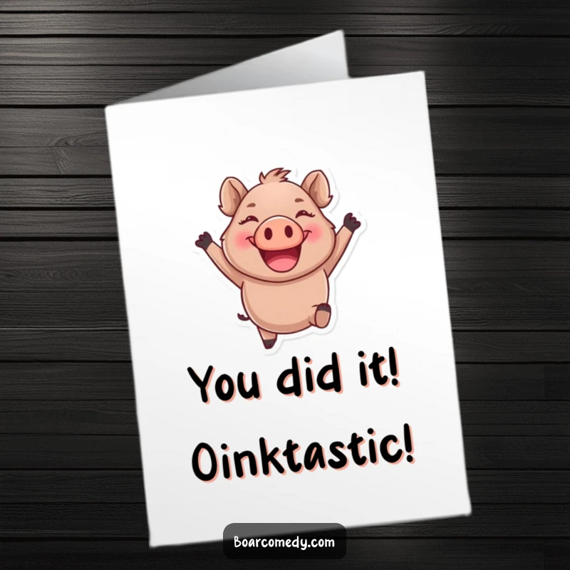 Funny Free Printable Congratulations Card: Round boar character leaping joyfully, spreading cheer for any achievement.