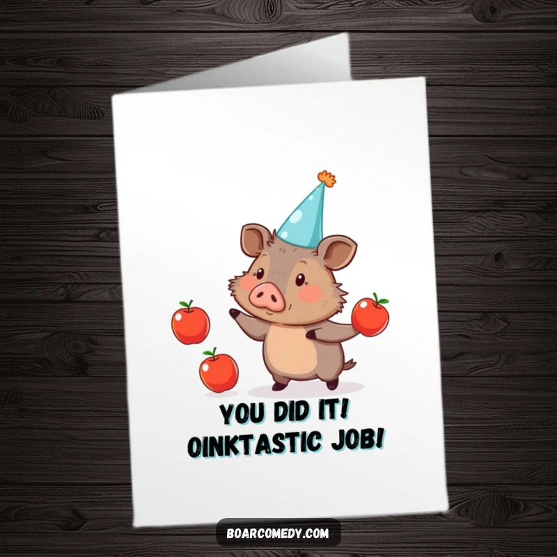 Funny Free Printable Congratulations Card: A cute boar wearing a party hat, expertly juggling apples in celebration of a big win.