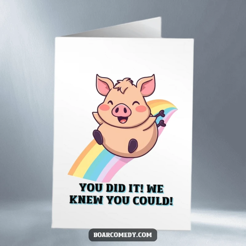 Funny Free Printable Congratulations Card: Joyful chubby boar slides down a vibrant rainbow, celebrating an achievement.