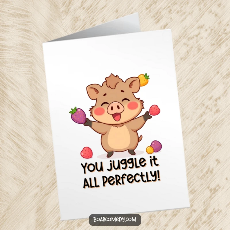 Funny Free Printable Congratulations Card: a small boar skillfully juggling bright berries. A unique and humorous downloadable celebration.