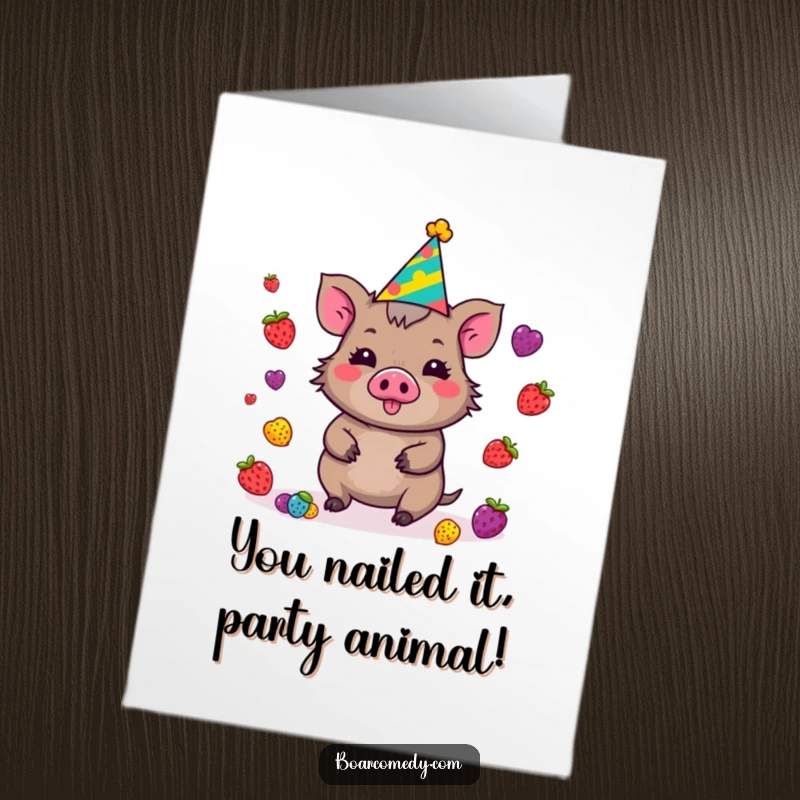 Funny Free Printable Congrats Card: Kawaii boar in party hat, juggling berries, celebrating success with a downloadable gift.