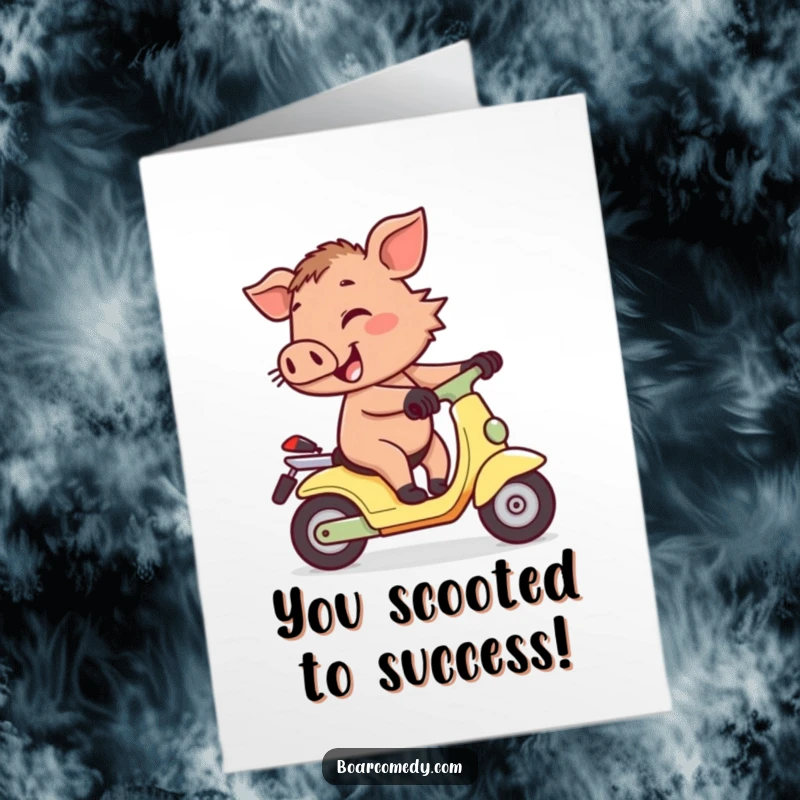 Funny Free Printable Congrats Card: A happy boar humorously struggling on a tiny, wobbly scooter.