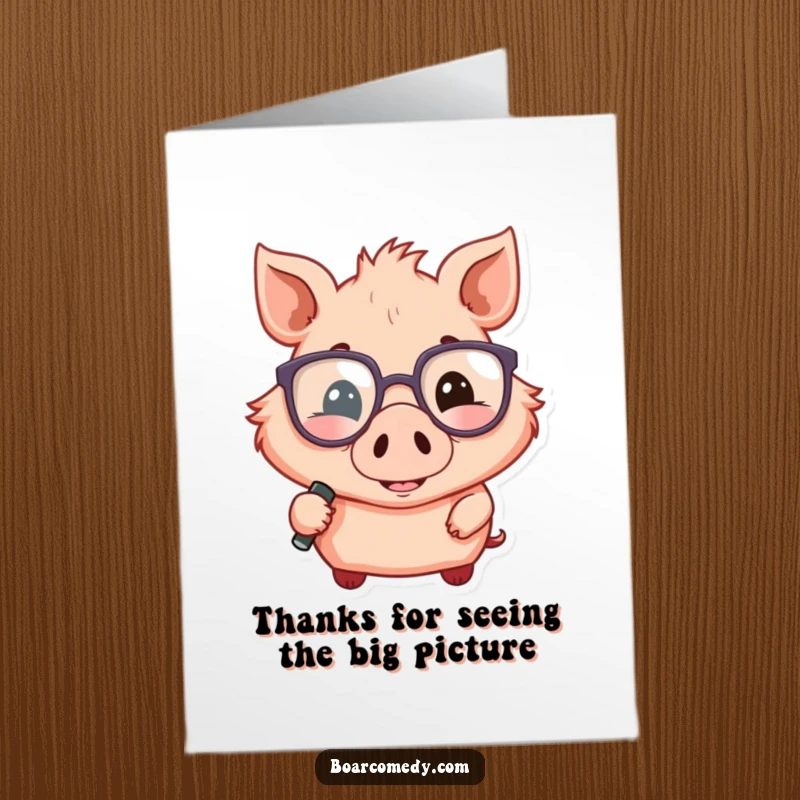 Funny Free Printable Thank You Card: A smiling boar wearing oversized glasses, holding a magnifying glass, expressing thanks.