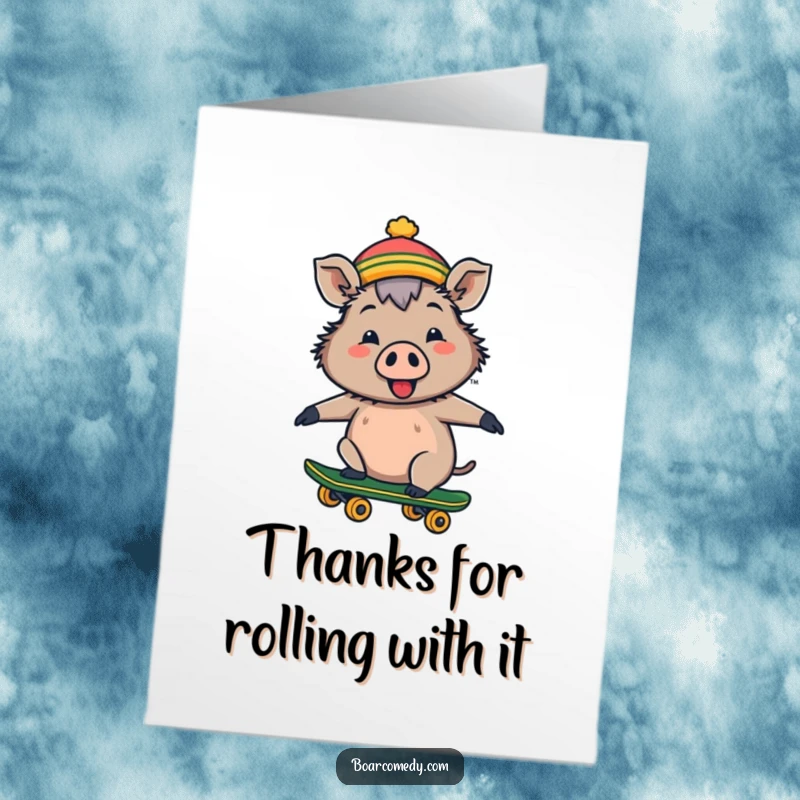 Funny Free Printable Thank You Card: A cheerful boar on a skateboard with a tiny hat, expressing thanks with style.
