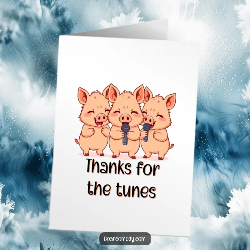 Funny Free Printable Thank You Card: Three cute boars holding tiny microphones, giggling and singing their thanks.