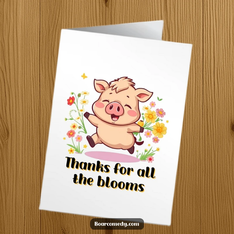 Funny Free Printable Thank You Card: A happy boar bounces amidst tumbling wildflowers, sending cheerful thanks.
