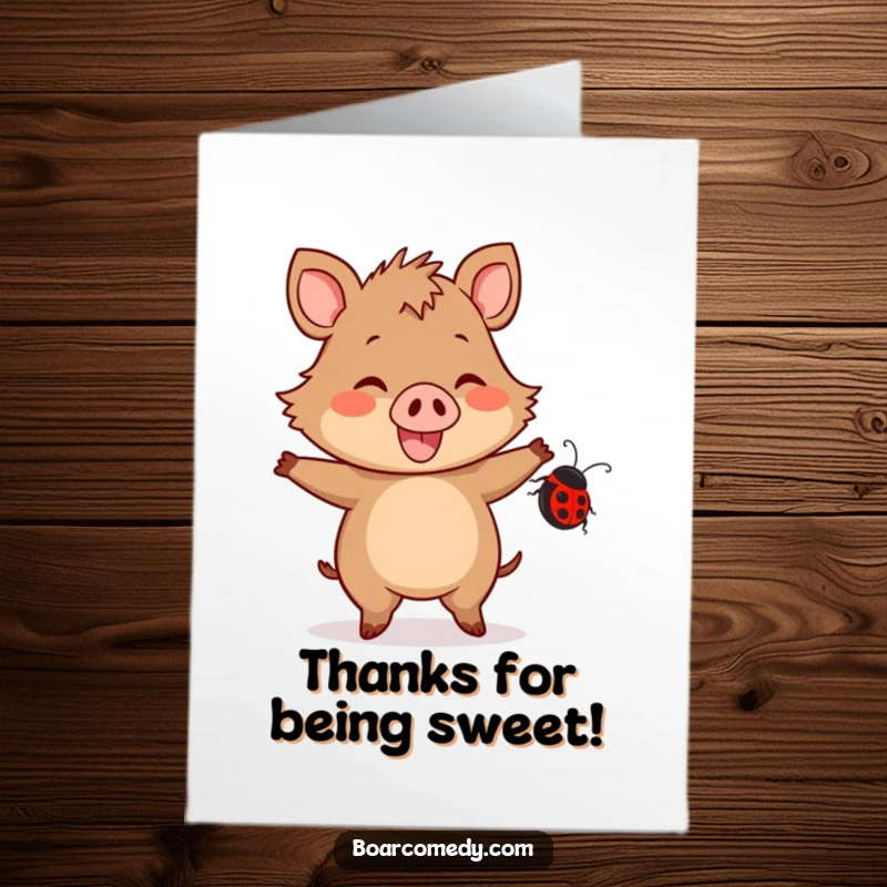 Funny Free Printable Thank You Card: Joyful kawaii boar happily dancing with a ladybug, expressing thanks with movement and cheer.