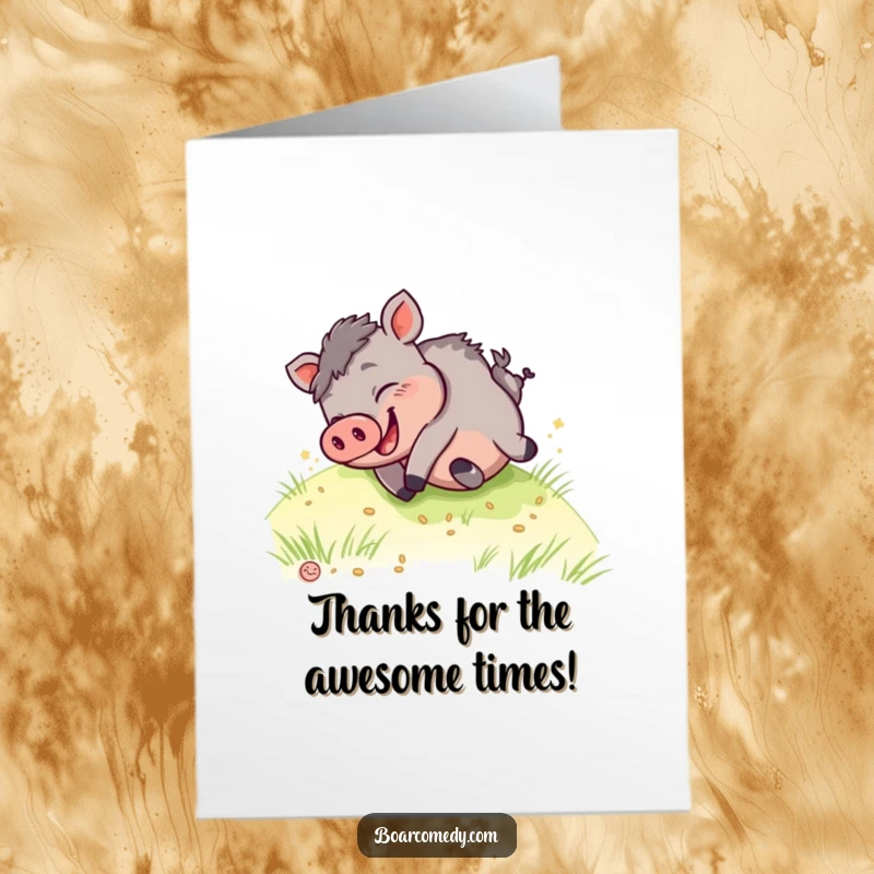Funny Free Printable Thank You Card: Giggling kawaii boar tumbling with delight, expressing thanks in a hilarious way.