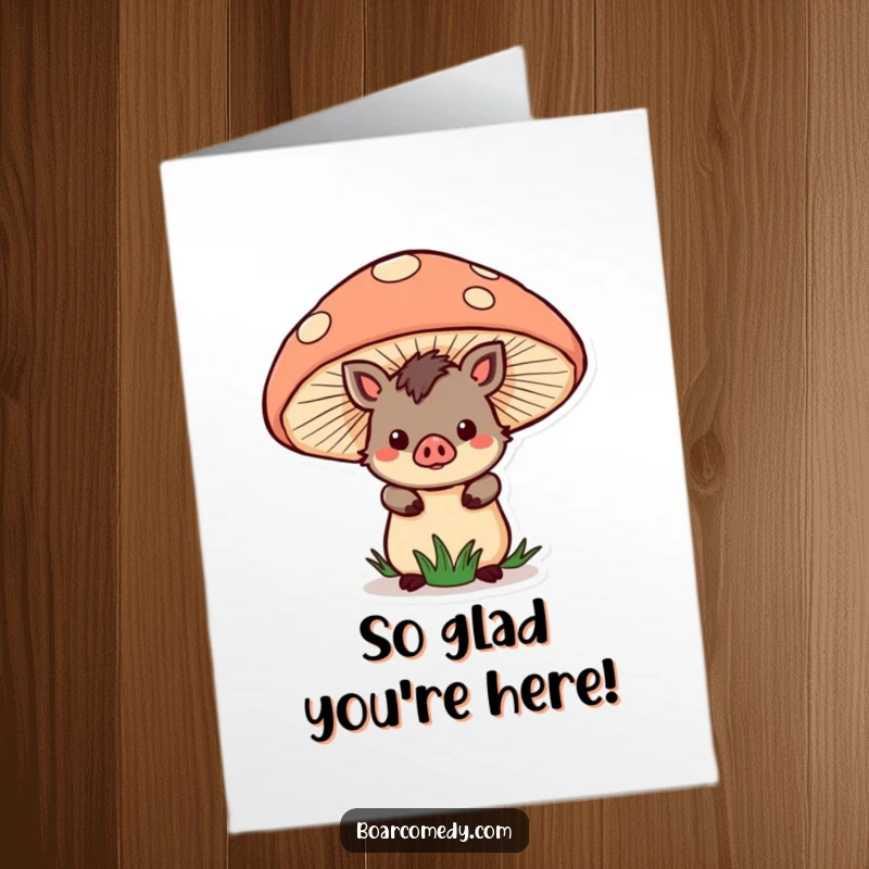 Funny Free Printable Thank You Card: A kawaii boar character peeking from behind a giant mushroom, conveying quiet, heartfelt thanks.