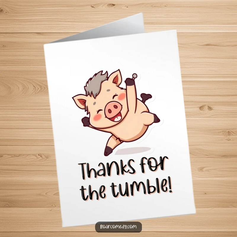Funny Free Printable Thank You Card: Smiling boar character tumbling head over heels in a playful manner, sending thanks.
