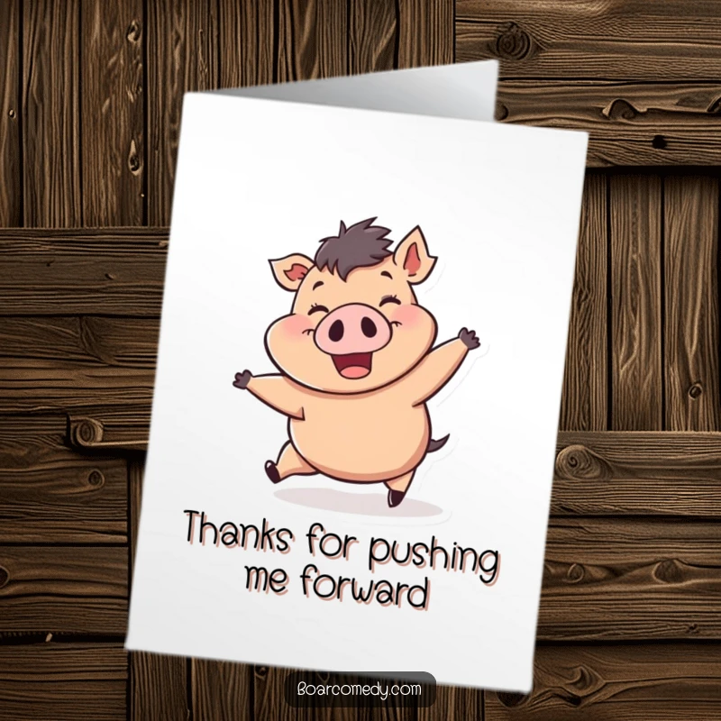 Funny Free Printable Thank You Card featuring a plump boar grinning as wind blows it along. A humorous downloadable thank you.