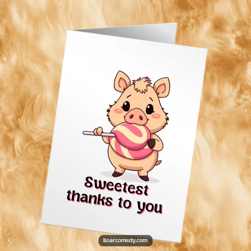 Funny Free Printable Thank You Card: Cheerful boar offering a huge lollipop as a sweet token of thanks.