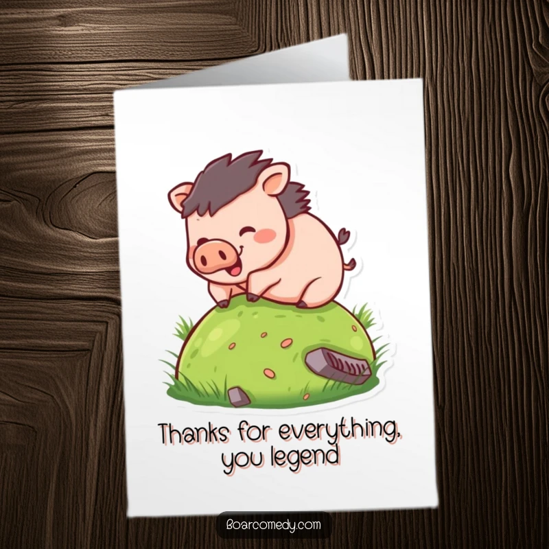 Funny Free Printable thank you card showcasing a boar rolling gleefully, perfect for expressing thanks with humor.