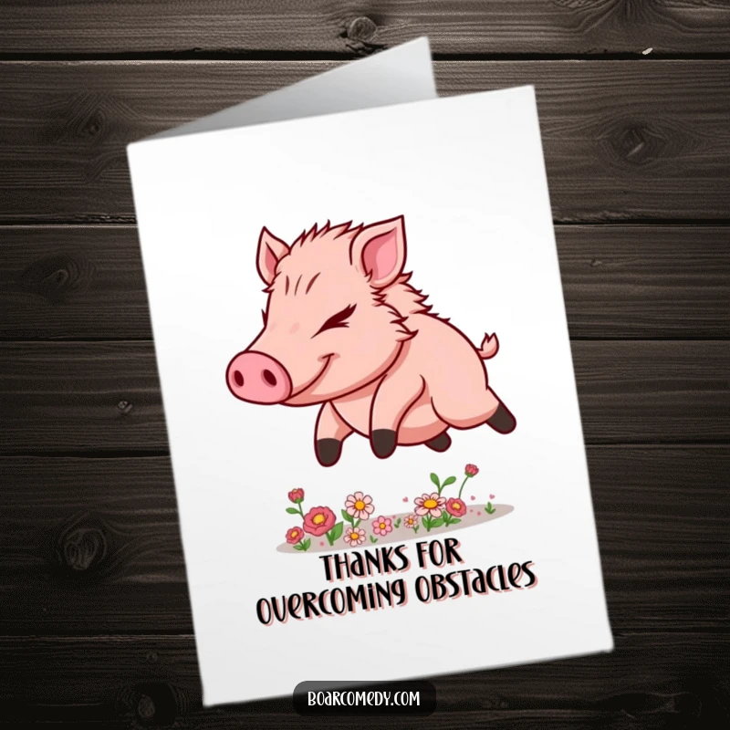 Funny Free Printable Thank You Card: Determined kawaii boar leaps flowers, a dynamic downloadable gift for gratitude.