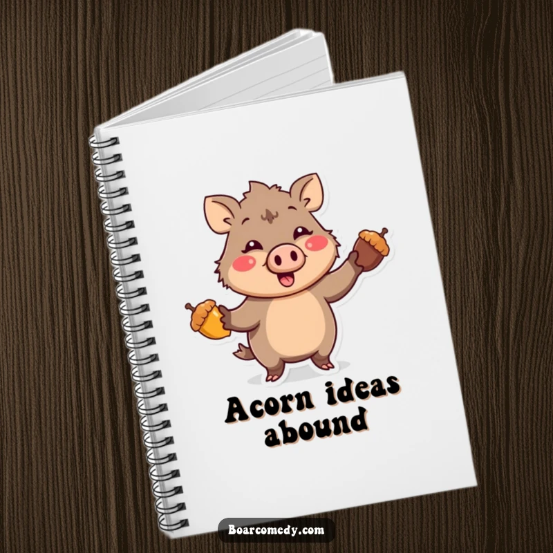 Funny Kawaii Boar character with a comical expression, enthusiastically juggling three bright acorns, on the cover of a handy notebook.