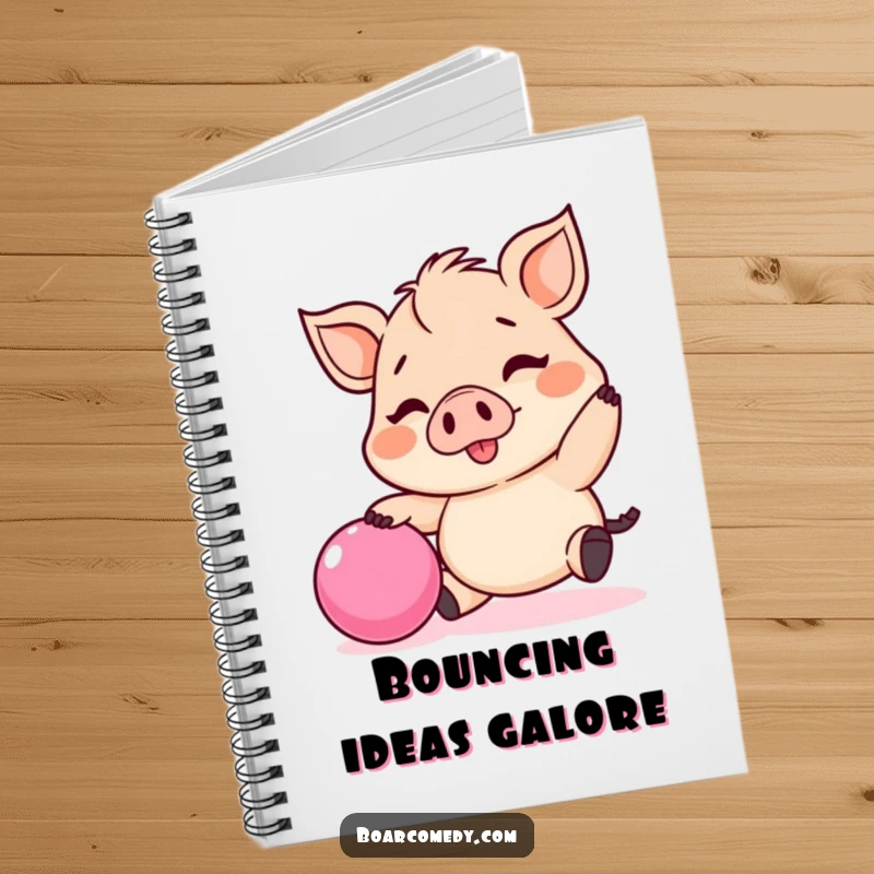 Funny Kawaii boar notebook, a tiny boar happily bouncing a pink ball, great for journaling or notes.