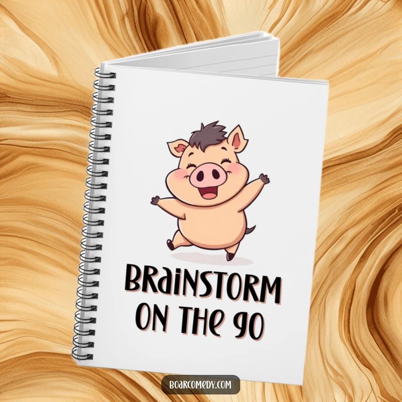 Funny notebook cover with a cheerful, plump boar character being pushed by a strong wind gust, ready for your inspired notes.