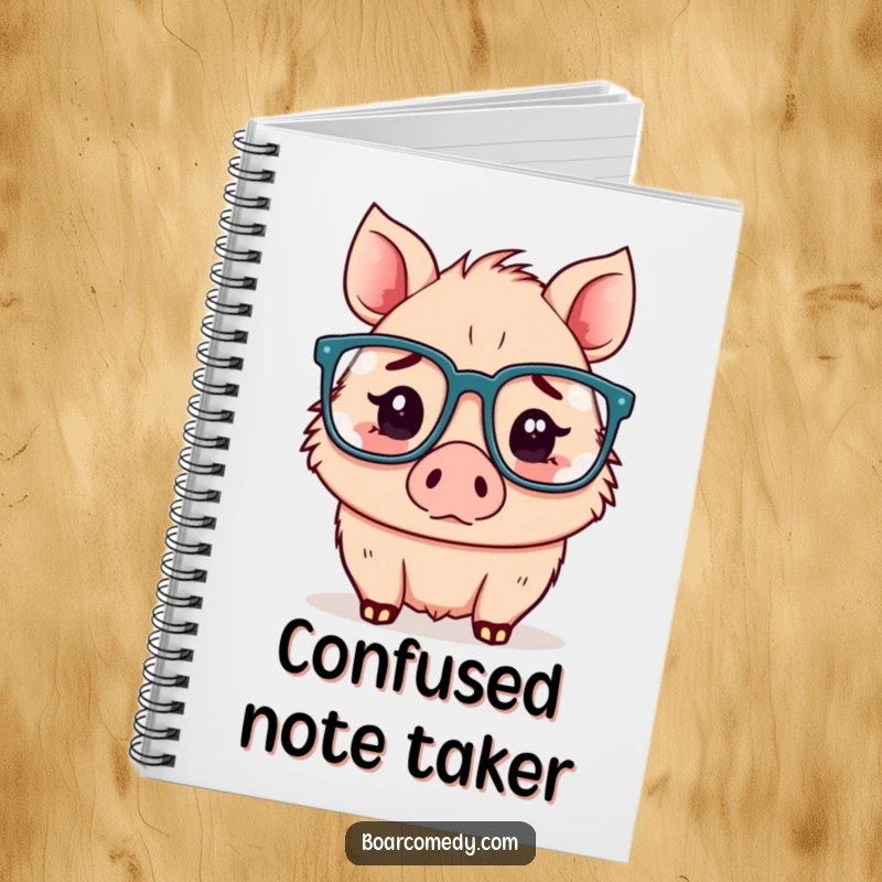 Funny Kawaii boar notebook, a confused boar with oversized glasses, great for journaling or sketching.