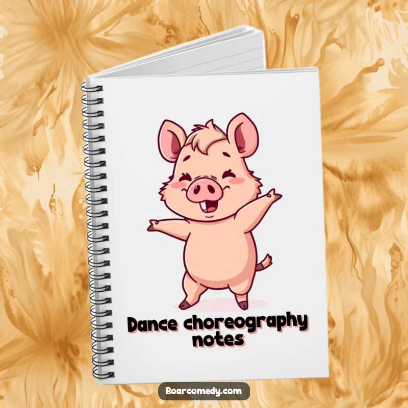 Funny Kawaii boar character attempting a comical, wobbly dance move, on the cover of a notebook.