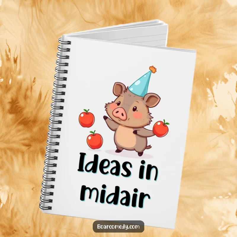 Funny Notebook: Cute boar in a party hat, humorously juggling three apples, ideal for jotting notes with a smile.
