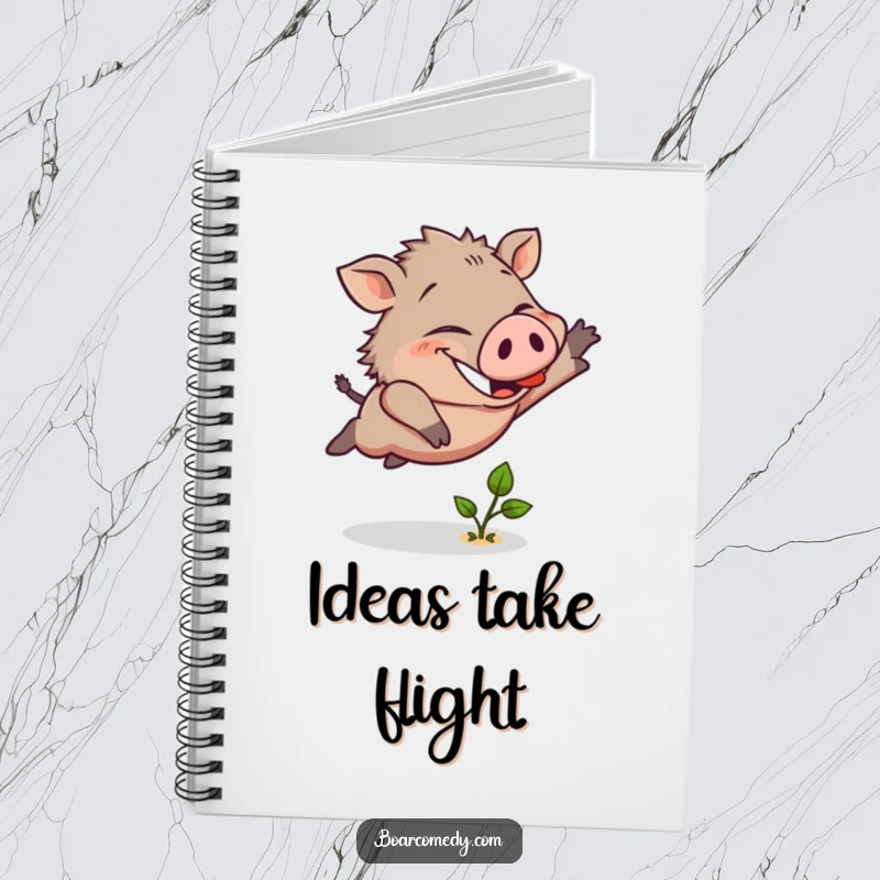 Funny notebook with a cheerful boar character leaping over a small green sprout, symbolizing determination and new beginnings.
