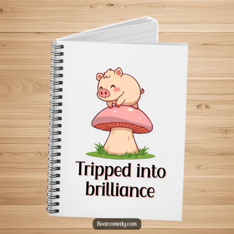 Funny notebook cover: a round, rosy boar character joyfully tripping over a giant mushroom, ready to inspire funny notes.