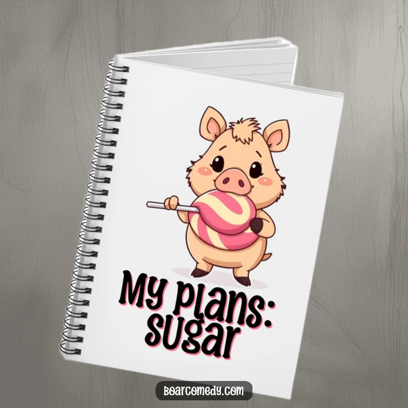 Funny cheerful boar character holding a huge lollipop, a cute and inspiring notebook cover for jotting down sweet thoughts.