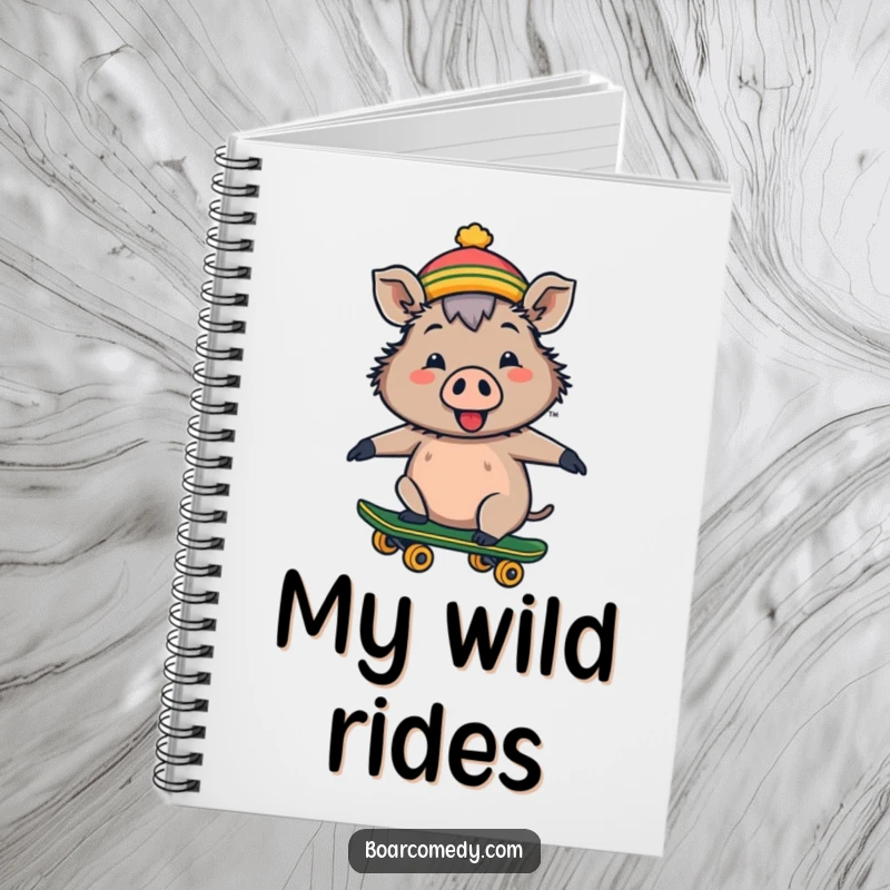 Funny notebook cover features a cheerful boar wearing a tiny hat and riding a skateboard with enthusiasm.