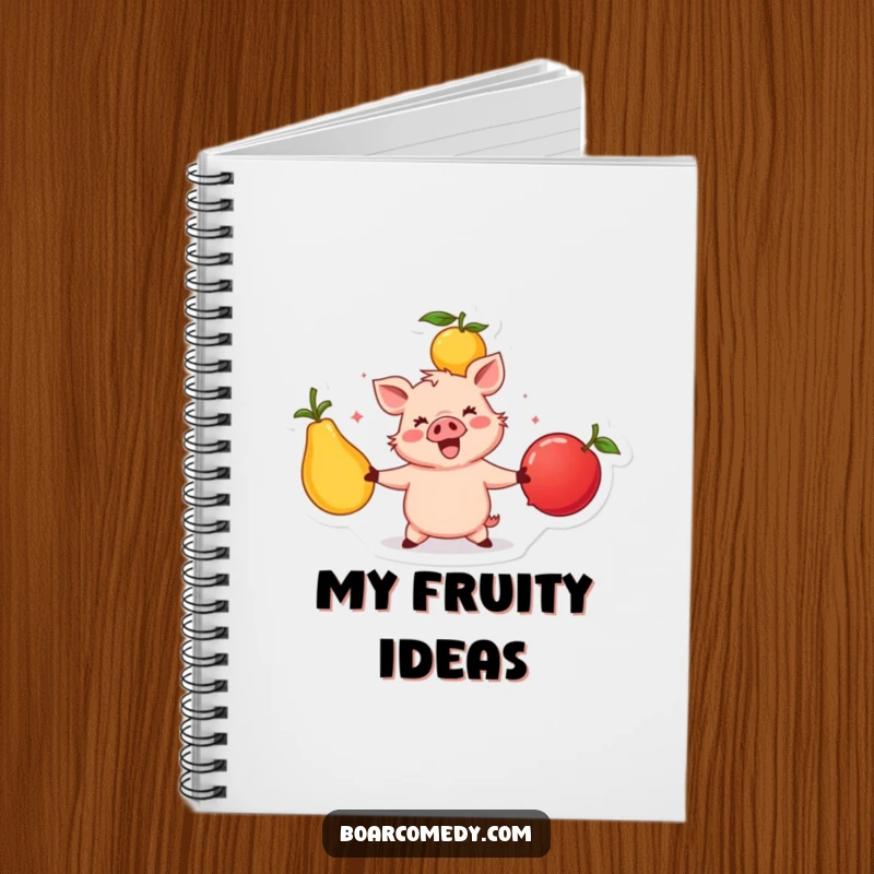 Funny happy boar character juggling large, colorful fruits, a cute and inspiring notebook cover for jotting down bright ideas.