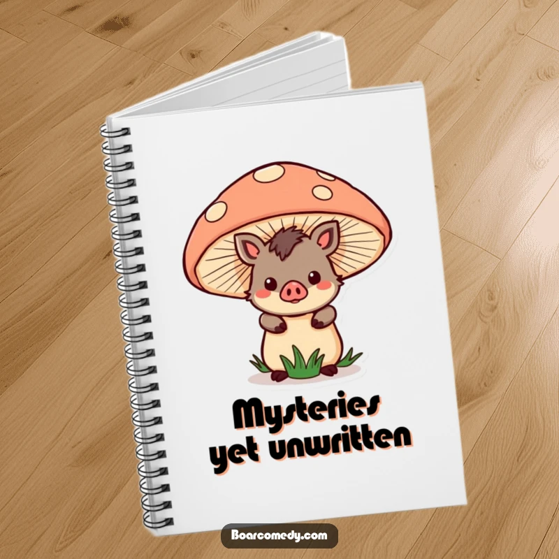 Funny Notebook: Cute kawaii boar character peeking from behind a mushroom, perfect for jotting down whimsical thoughts.