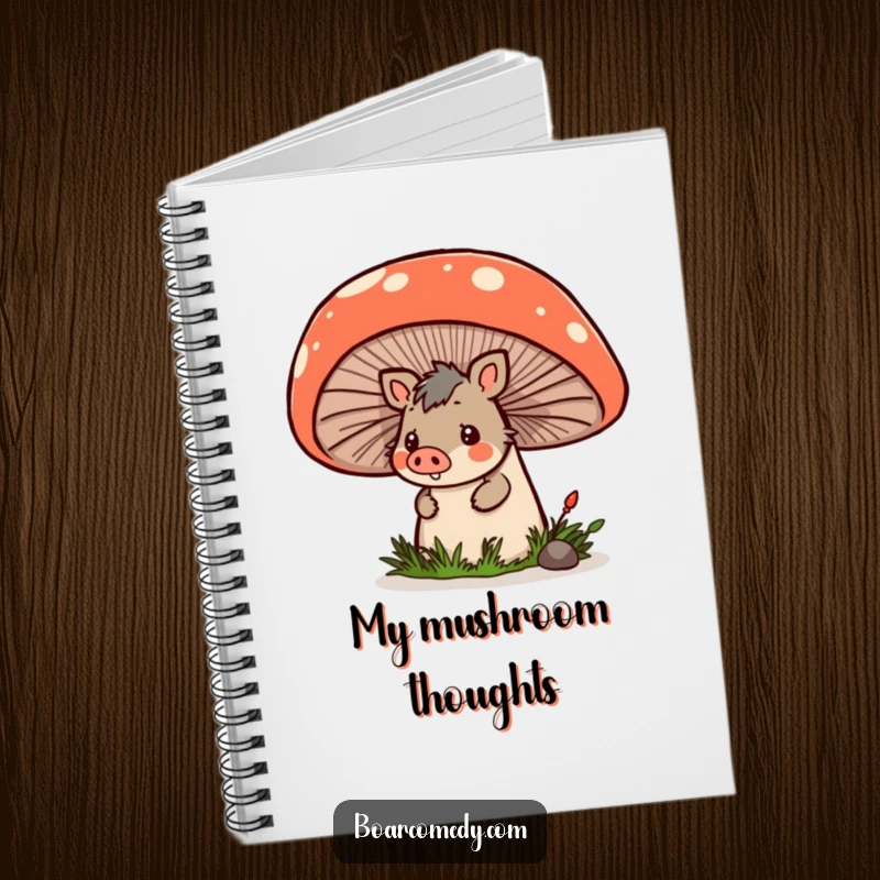 Funny kawaii boar peeking from behind a giant mushroom on the cover of a notebook, ready for writing.
