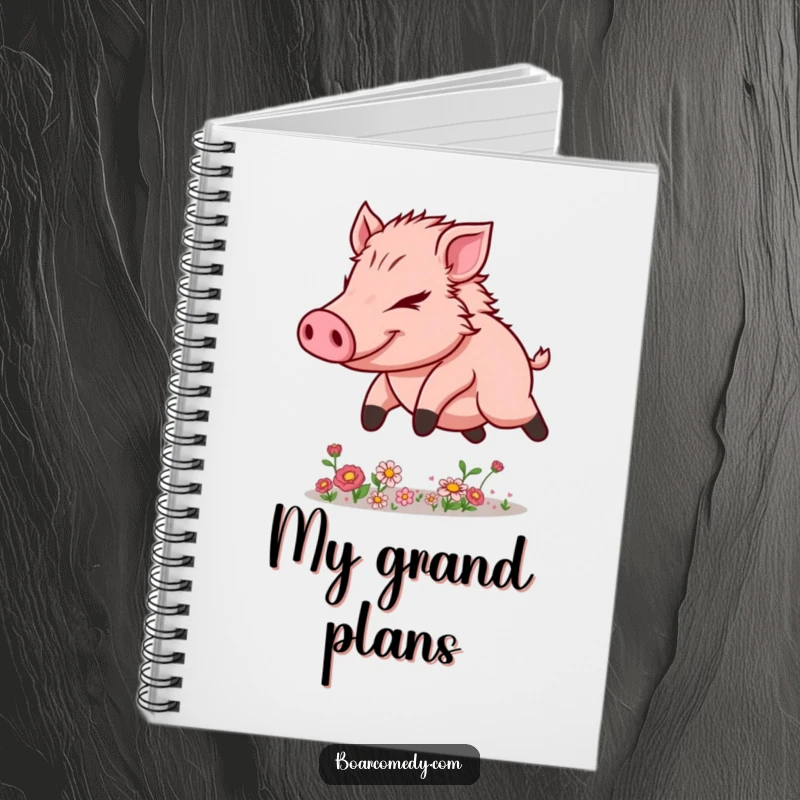 Funny Kawaii Boar Notebook illustrating determined flower leaping, perfect for jotting down plans and successes.