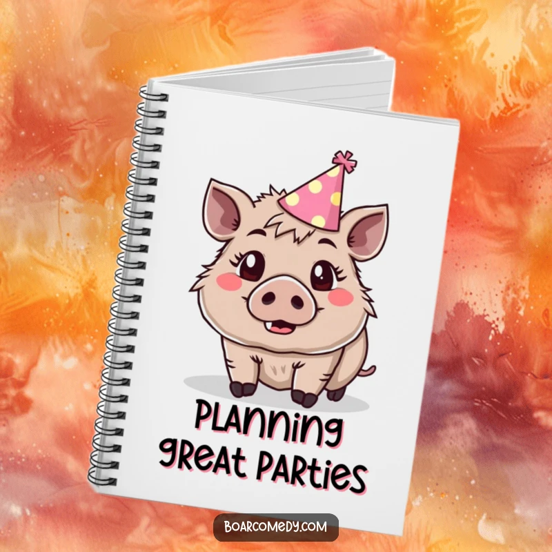 Funny cute boar wearing a tiny party hat, eyes wide with surprise and joy, on a notebook.