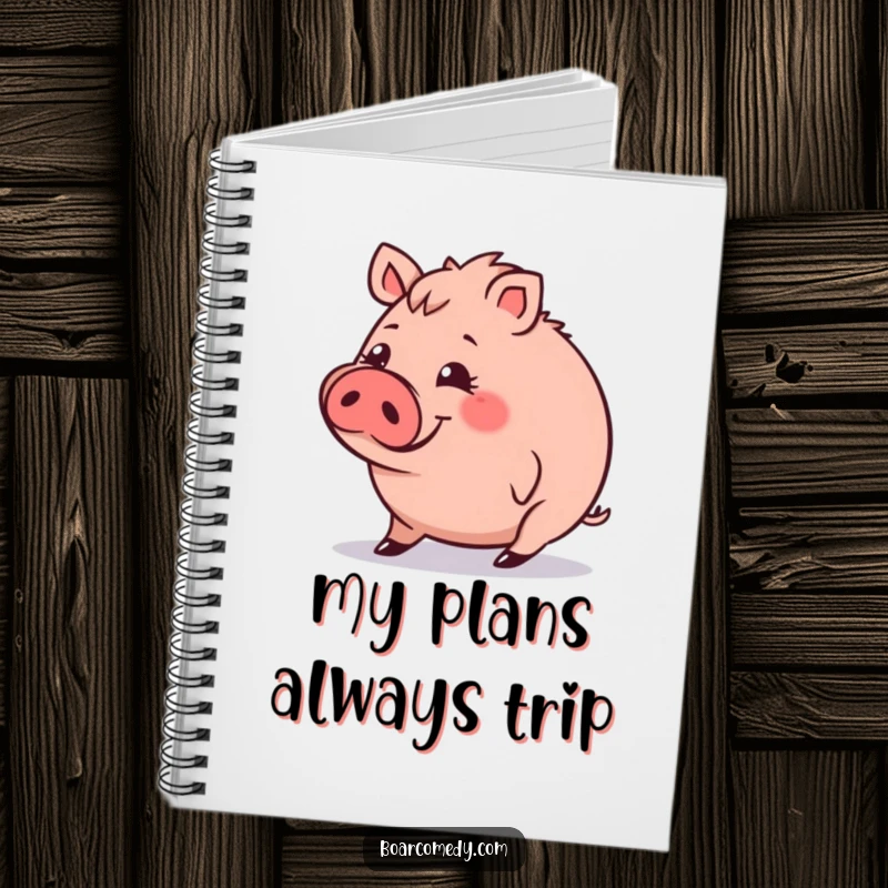 Funny Notebook: Small, round boar character with a funny expression, tripping slightly, perfect for jotting notes with a smile.