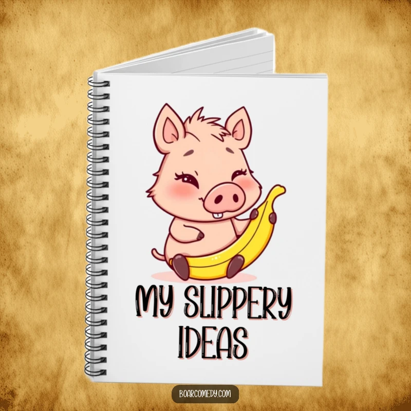 Funny winking boar character holding a small banana peel, a cute and inspiring notebook cover for jotting down mischievous plans.