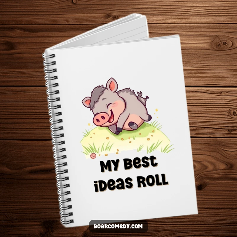 Funny kawaii boar notebook, showing a happy boar giggling as it rolls down a grassy hill, inspiring creative thoughts.