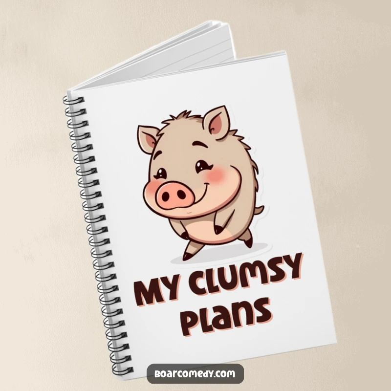 Funny notebook cover features a small round boar character tripping with a funny, wide-eyed expression.