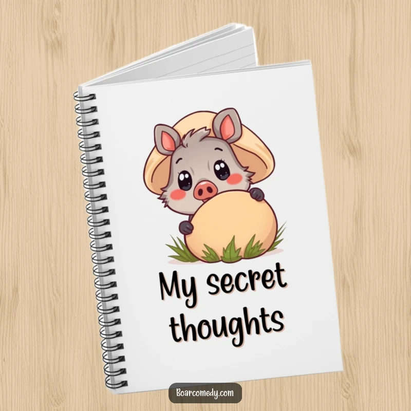 Funny Kawaii Boar Notebook peeking from behind a mushroom, with wide, eager eyes, inspiring creative thoughts and notes.