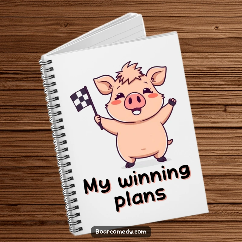 Funny kawaii boar notebook, showing a happy boar waving a checkered flag, perfect for planning and achieving goals.