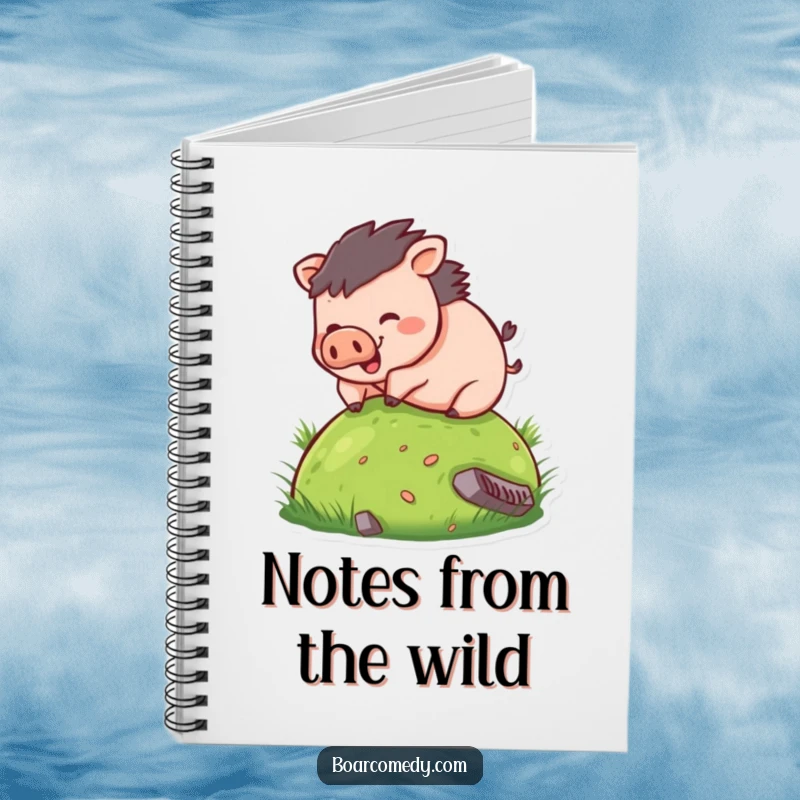 Funny notebook cover with a small, round boar character joyfully rolling down a grassy hill, inspiring creative and humorous entries.