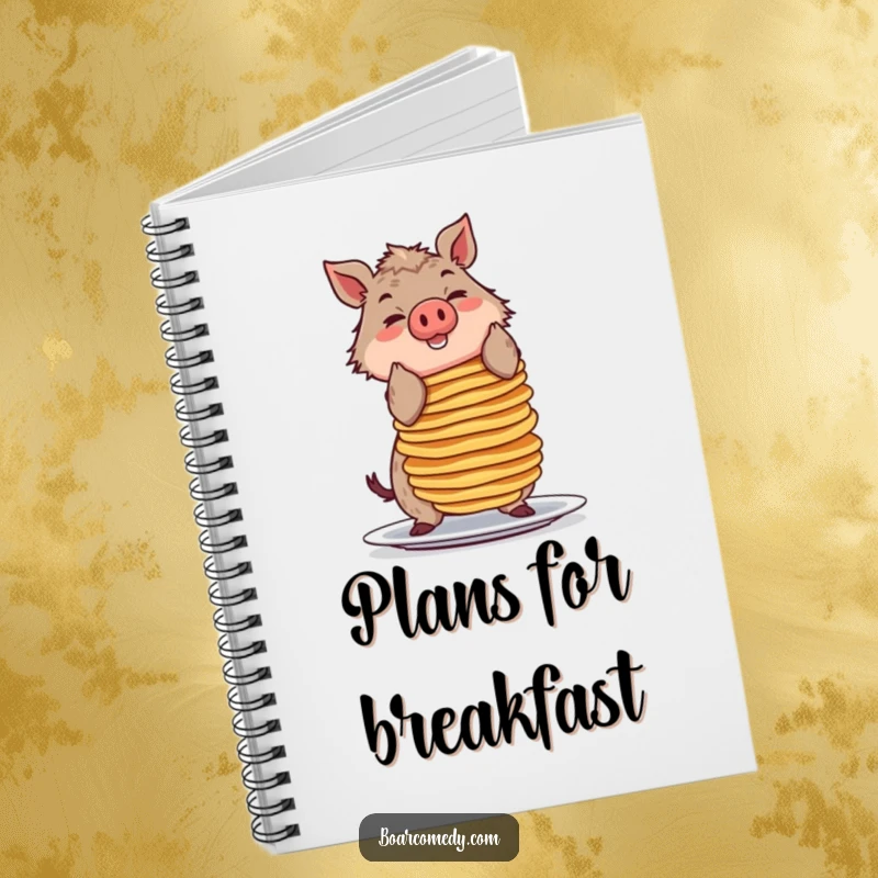 Funny notebook cover featuring a smiling boar character balancing a large stack of pancakes, encouraging creative note-taking.