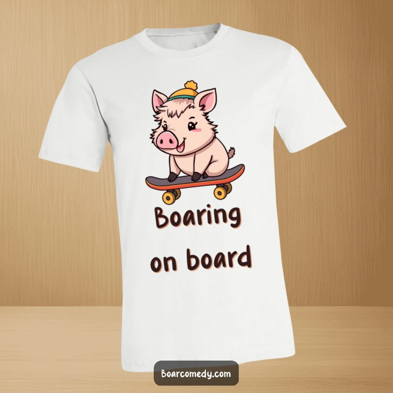 Funny T-Shirt: Cheerful boar in a tiny hat, skillfully riding a skateboard with a big smile, a cool and humorous design.