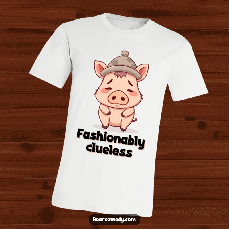 Funny t-shirt depicting a confused boar character with a comically oversized tiny hat perched awkwardly on its head.
