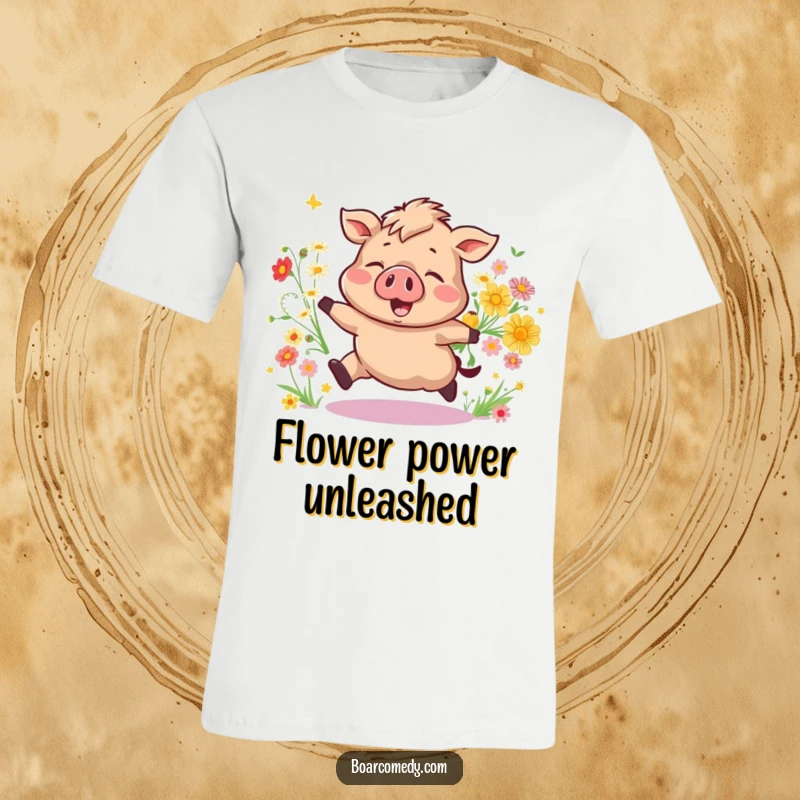 Funny Bouncing Boar T-Shirt, a happy pig in mid-leap with a cascade of wildflowers. A cheerfully funny gift.