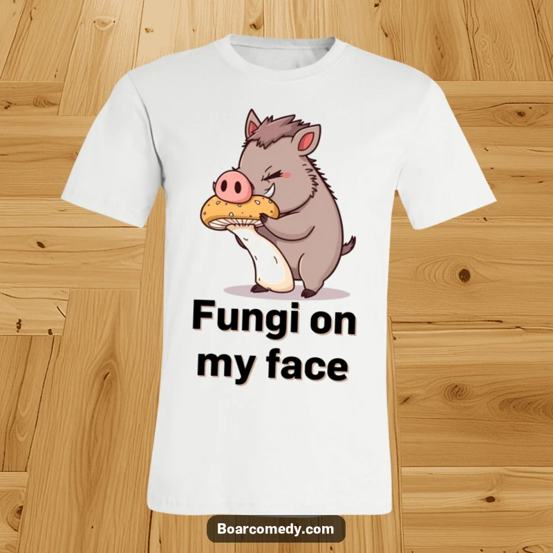 Funny T-Shirt: Plump boar character with extreme concentration, balancing a huge, wobbly mushroom on its snout, a feat of skill.