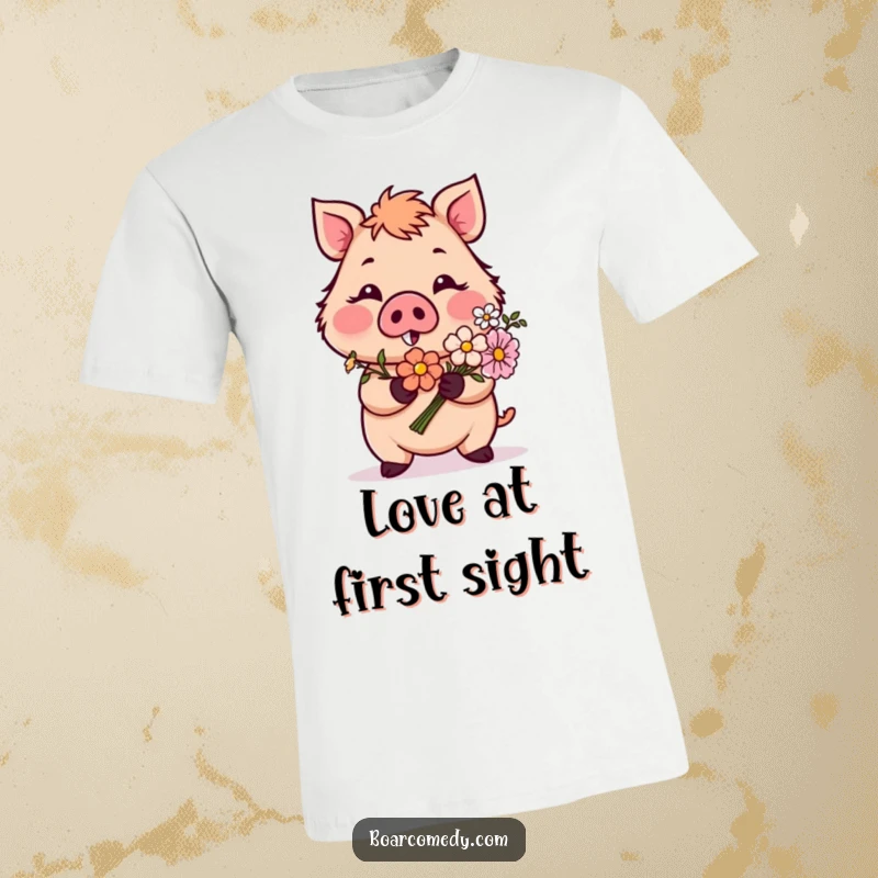 Funny t-shirt showcasing a blushing boar character offering a lovely bouquet of flowers, perfect for expressing shy love and humor.